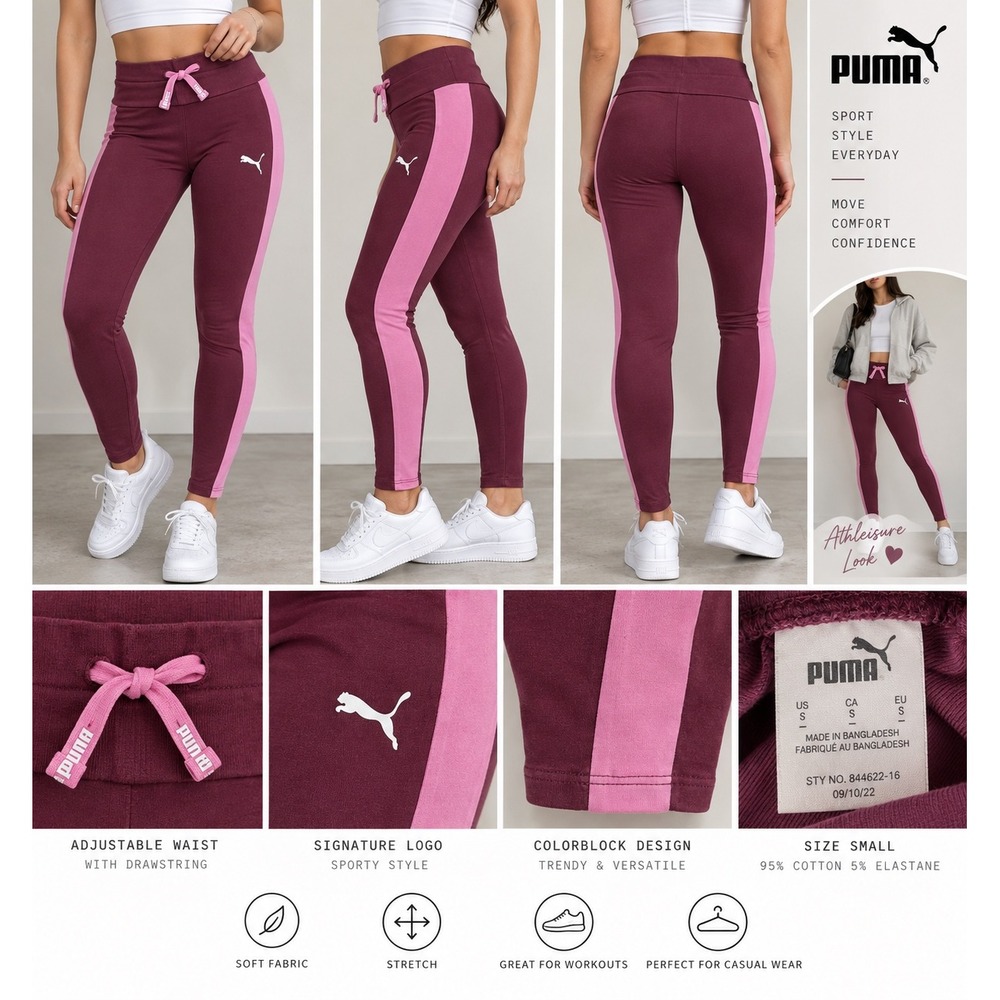 Puma Womens Burgundy Pink Stripe Activewear Leggings Size S 848478-10